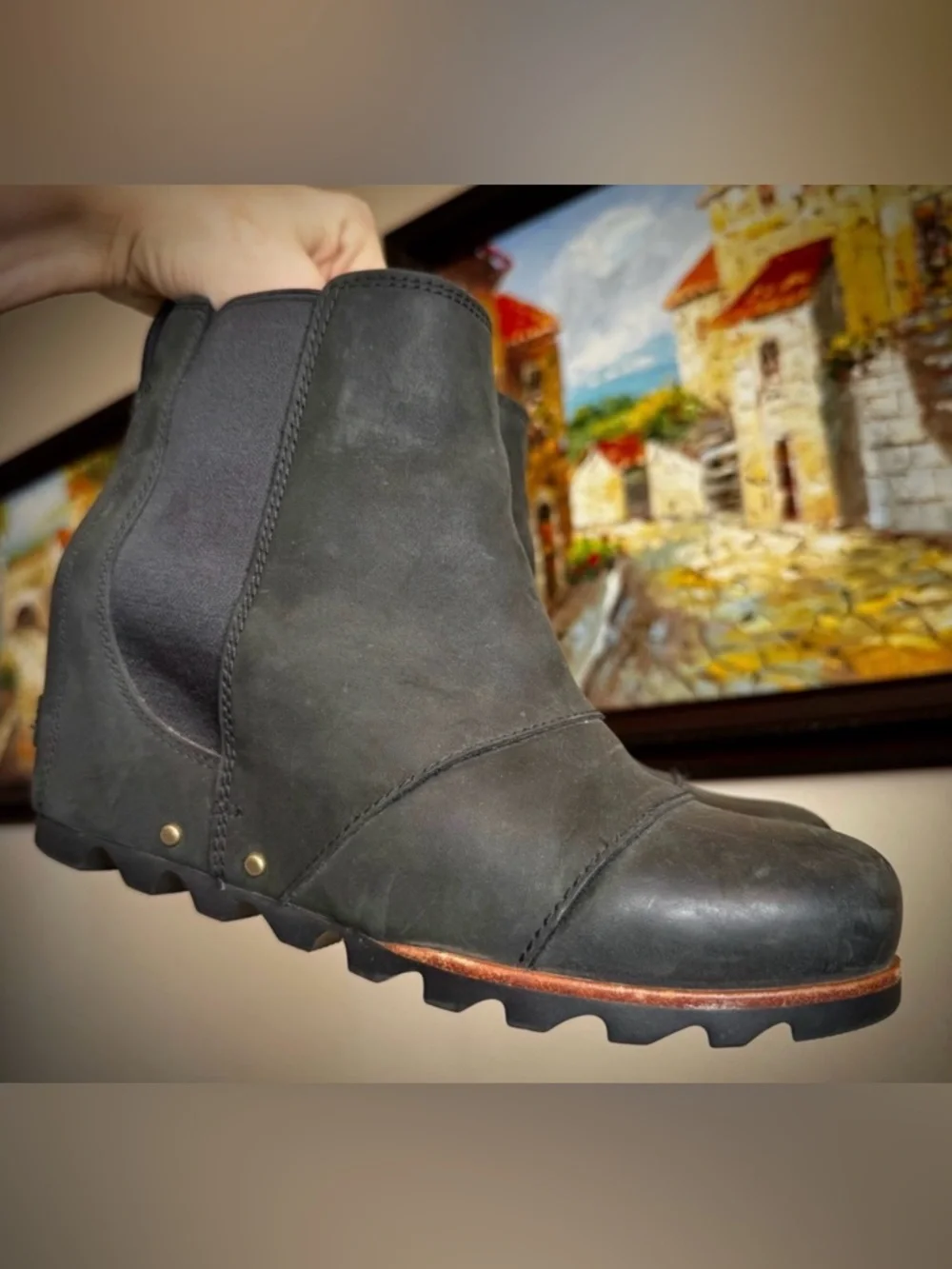 Sorel Black Leather Lea Wedge Booties Ankle Boots 8.5
